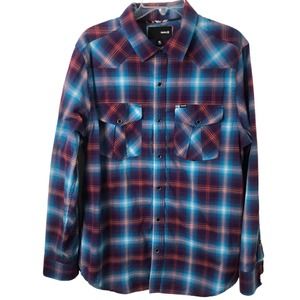 Hurley Men's Black Snap Up Multicolor Plaid Long Sleeve Shirt Metallic Size XL